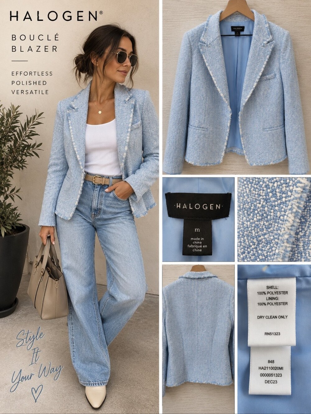 Halogen Blue Bouclé Tweed Blazer Jacket Women’s M